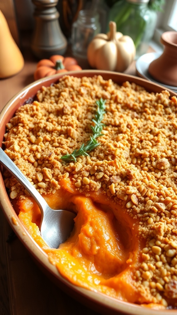A golden-brown sweet potato casserole with a crispy topping, served in a baking dish with a rustic kitchen background.